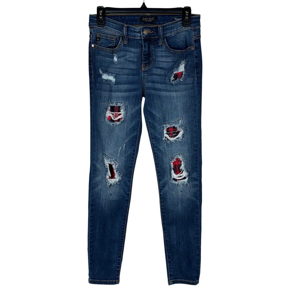 Judy Blue SZ 5/27 Skinny Fit Jeans Stretch Plaid Patches Distressed Low-Rise